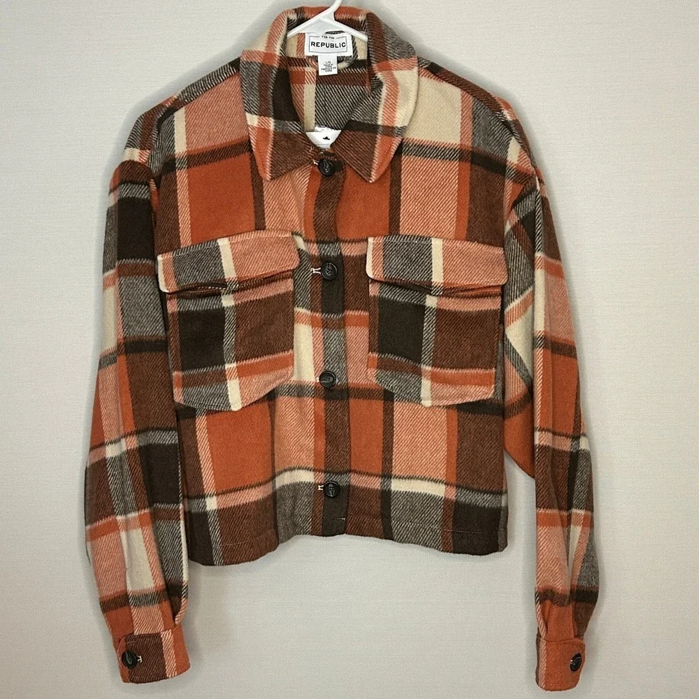 For The Republic Plaid Cropped Flannel Shacket Jacket L NWT Fall Gorpcore Layer